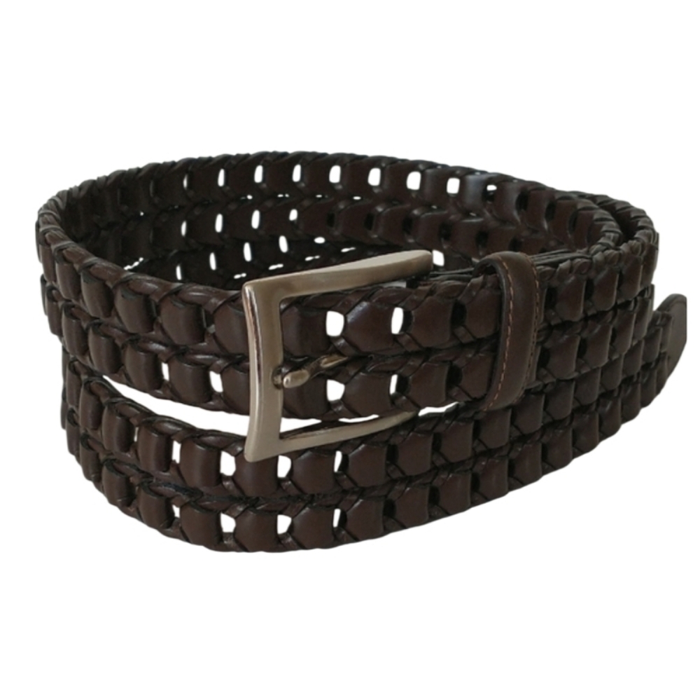 Perry Ellis Men's Full Grain Leather Dark Brown Braided Belt. Size: L 38/40